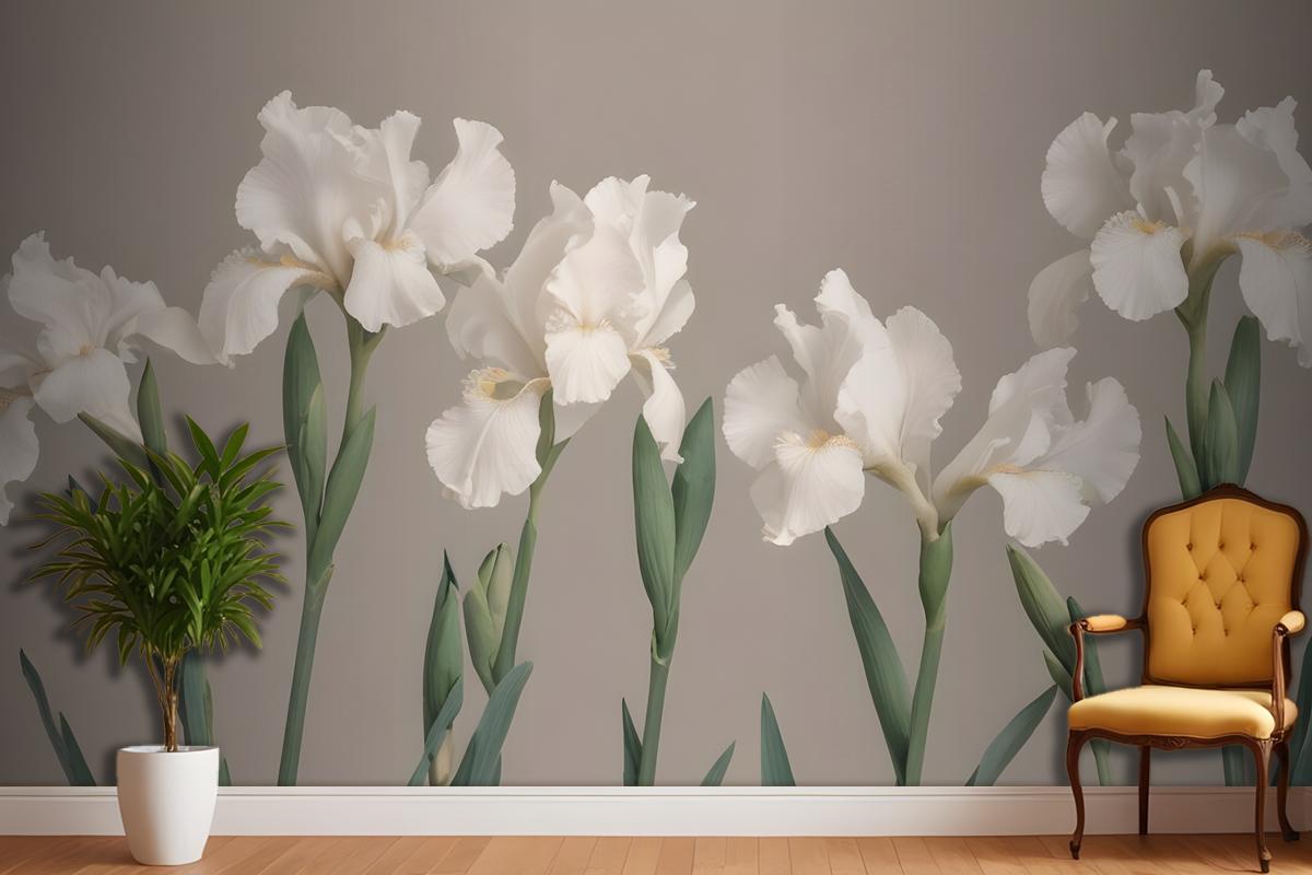 White Iris Flowers With Green Stems Against A Neutral Wallpaper Mural