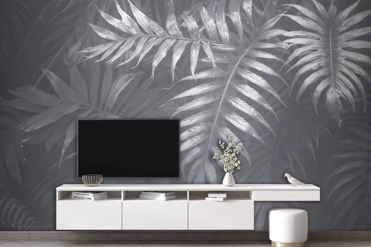 White Tropical Leafy Wallpaper Mural