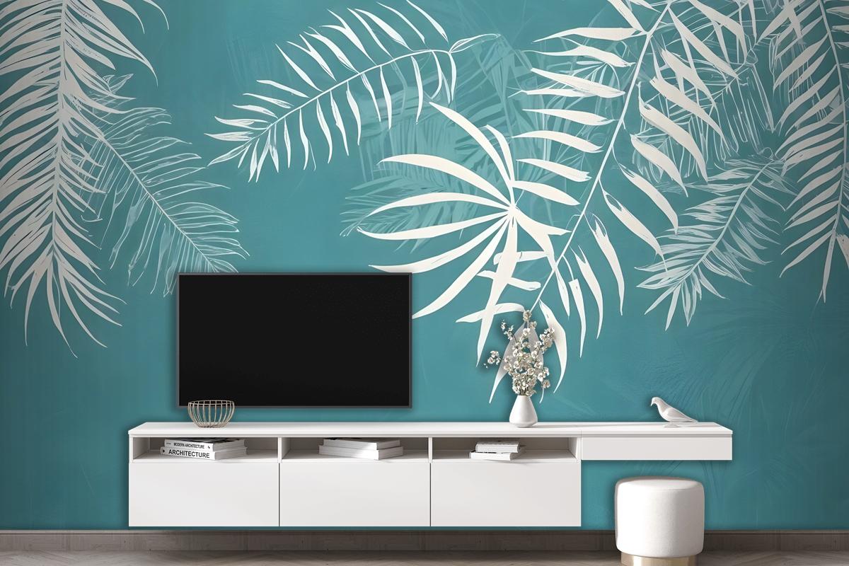 White Tropical Leaves Wallpaper Mural