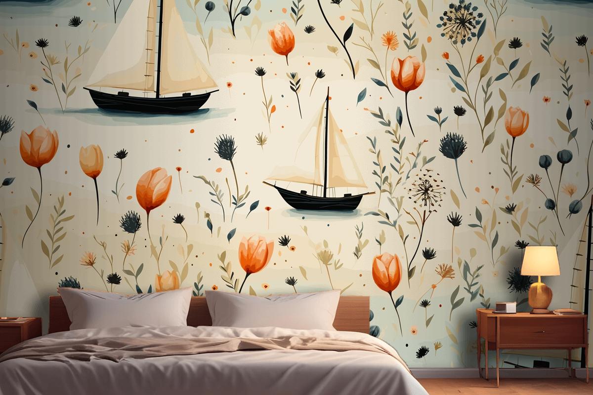 Sea Animals A Lighthouse And A Boat With Shells Starfish Bedroom Wallpaper Mural