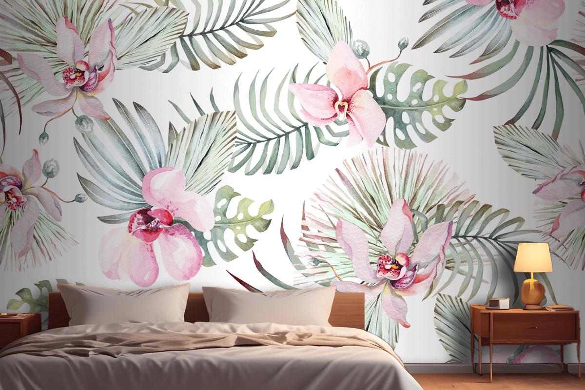 Seamless Pattern Of Tropical Plant Orchid And Flower For Fabric Bedroom Wallpaper Mural