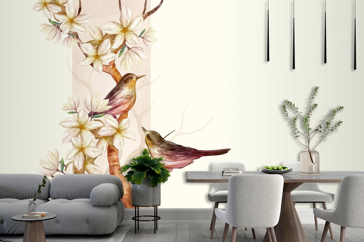 Asian Flower Watercolor With Birds Wallpaper Mural