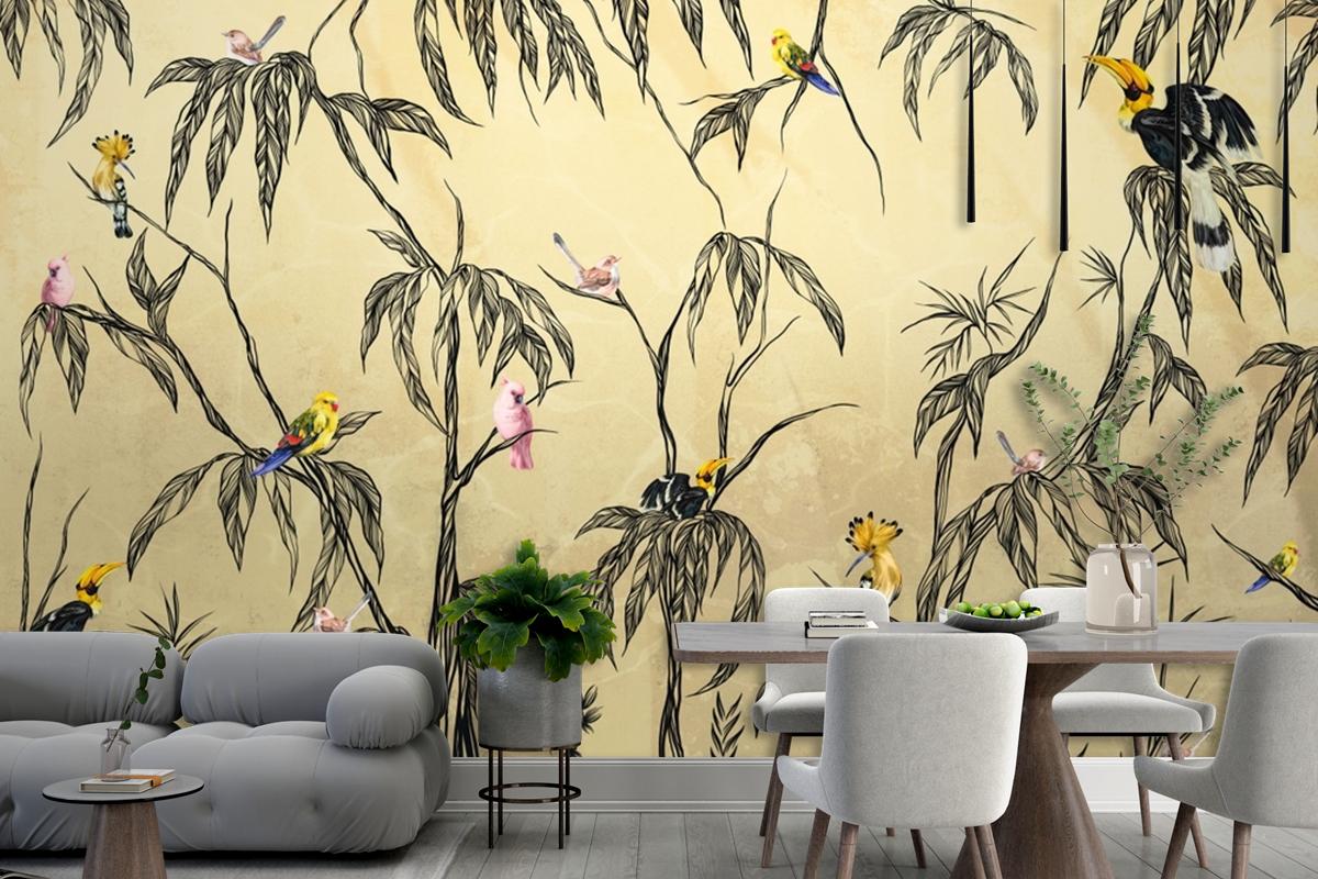 Bird In The Tropics On A Textured Beige Wallpaper Mural
