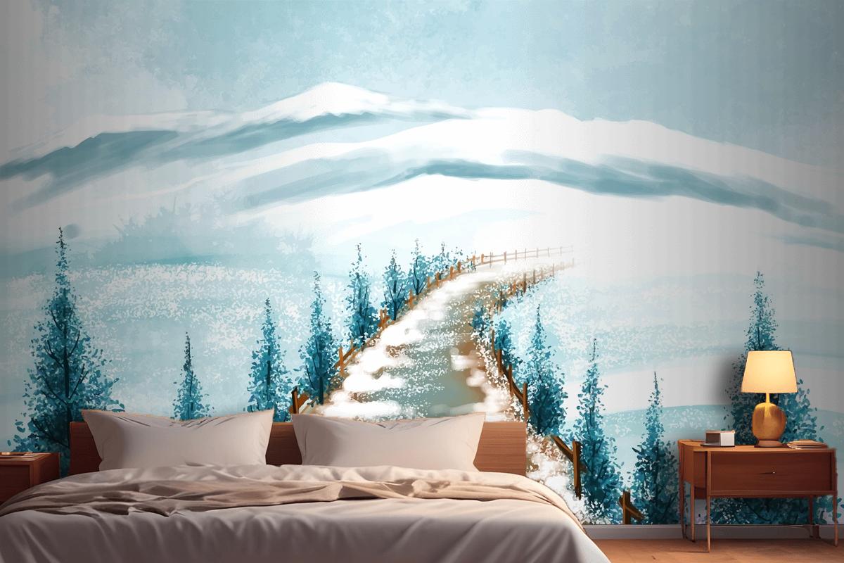 Winter Landscape With Snowy Christmas Tree Card Bedroom Wallpaper Mural