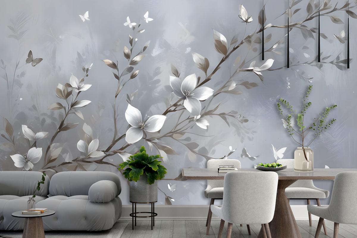 3D Embossed Look Magnolia Blossom And Butterfly Wallpaper Mural