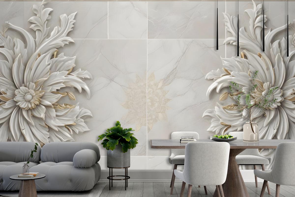 3D Embossed Look Marble Sunflower Wallpaper Mural