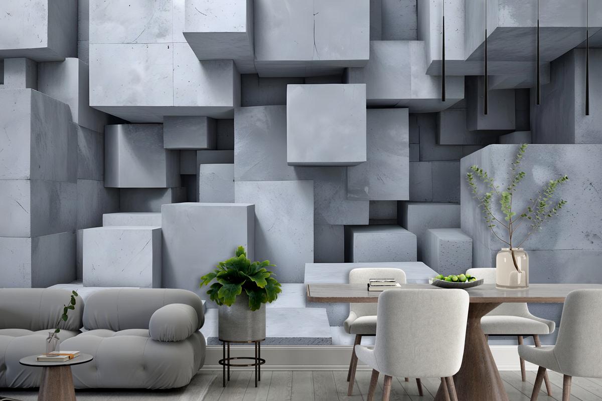3D Look Concrete Style Gray Abstract Cubes Wallpaper Mural