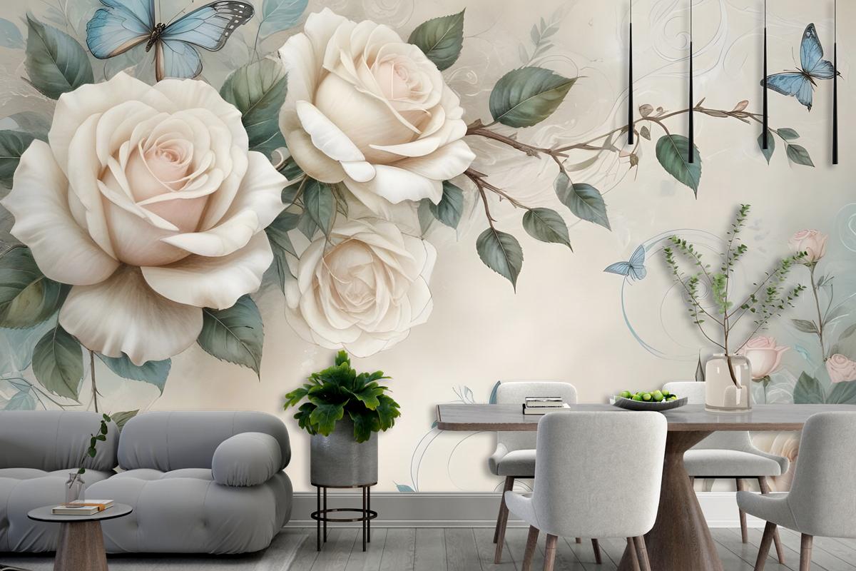 3D Look Cream Rose Floral Wallpaper Mural