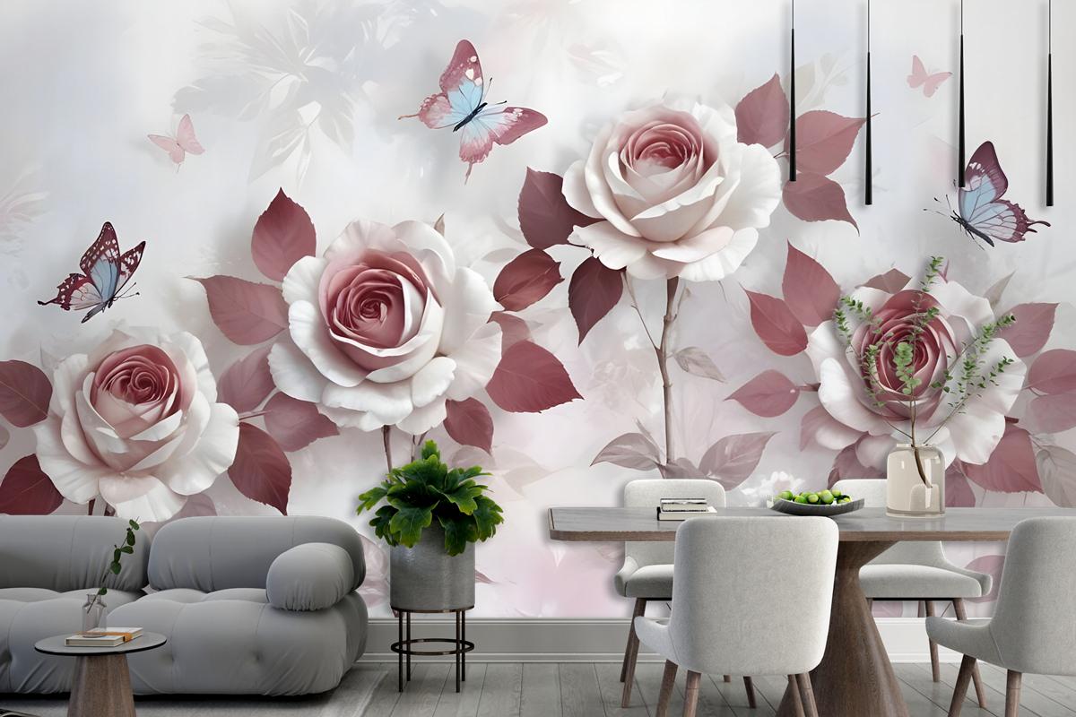 3D Look Floral With Little Butterfly Wallpaper Mural