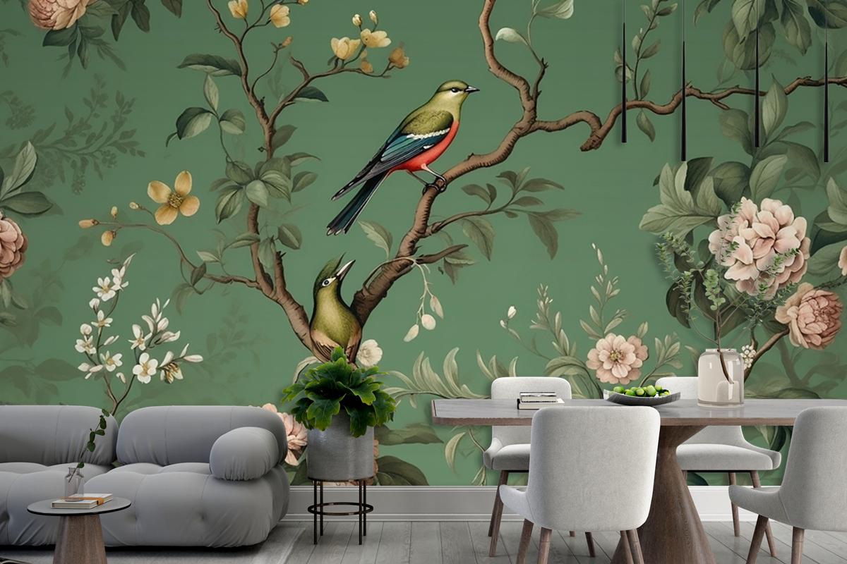 Flowers Branches Birds Golden Brushstrokes Wallpaper Mural