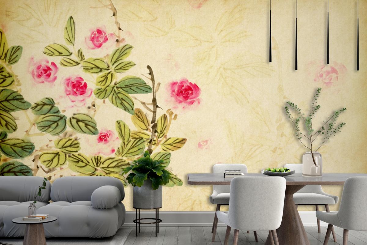Chinese Traditional Painting Of Rose Flower On Old Paper Wallpaper Mural