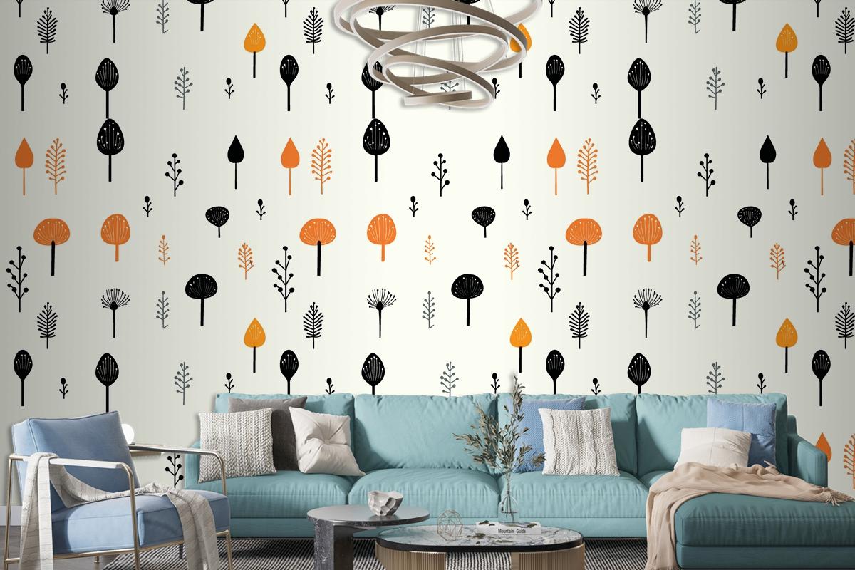 Black Mushroom And Leaf Pattern On A White Living Room Wallpaper Mural