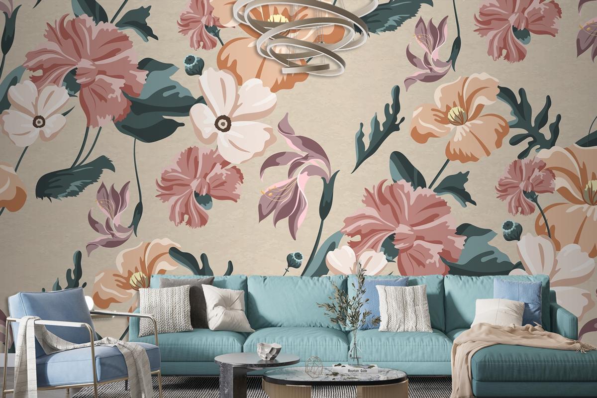 Blooming Colorful Flower Seamless Pattern Living Room Wallpaper Mural