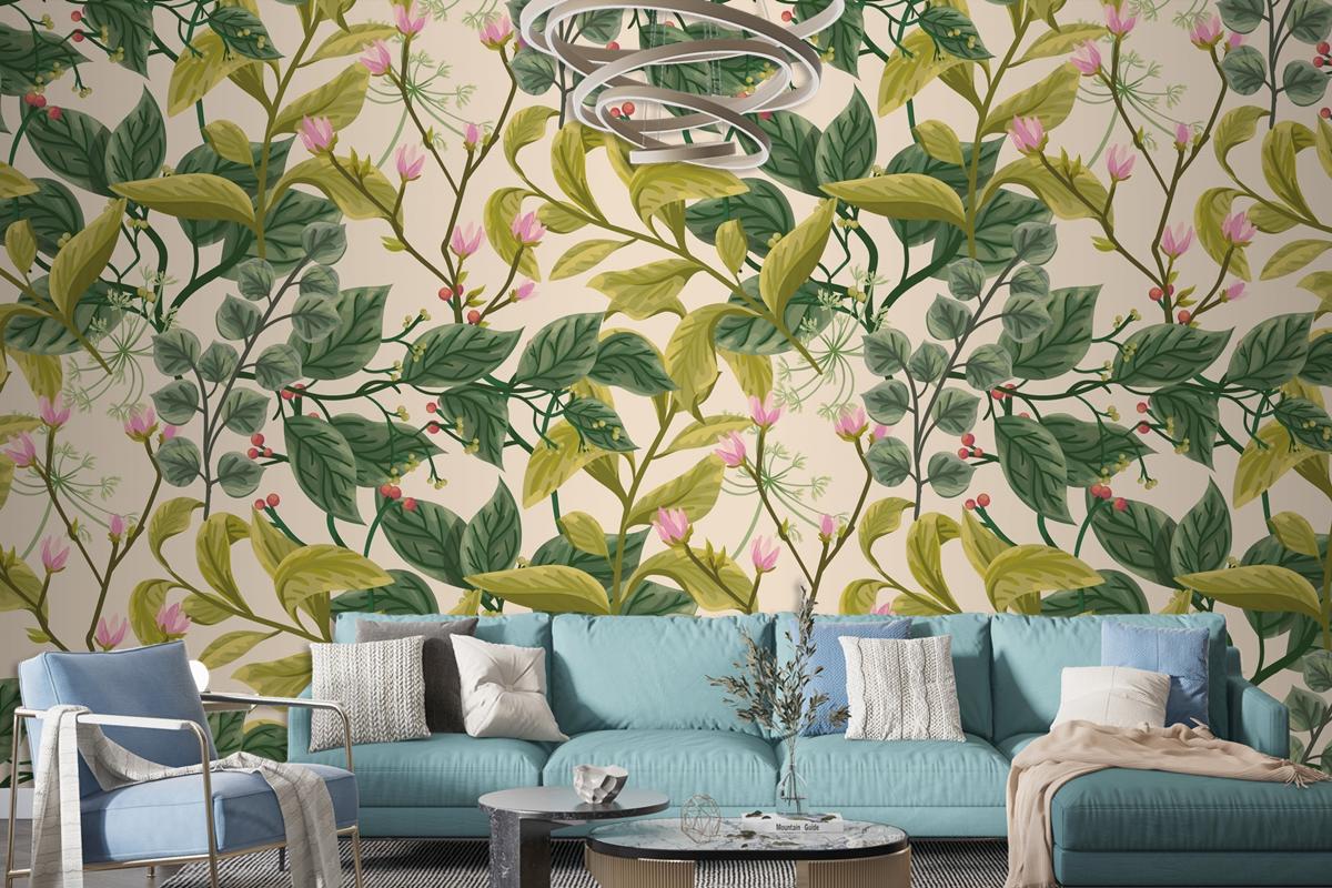 Flower And Leaves Background Living Room Wallpaper Mural