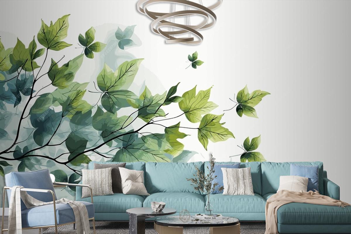 Fresh Baby Spinach Leaves On White Marble Living Room Wallpaper Mural