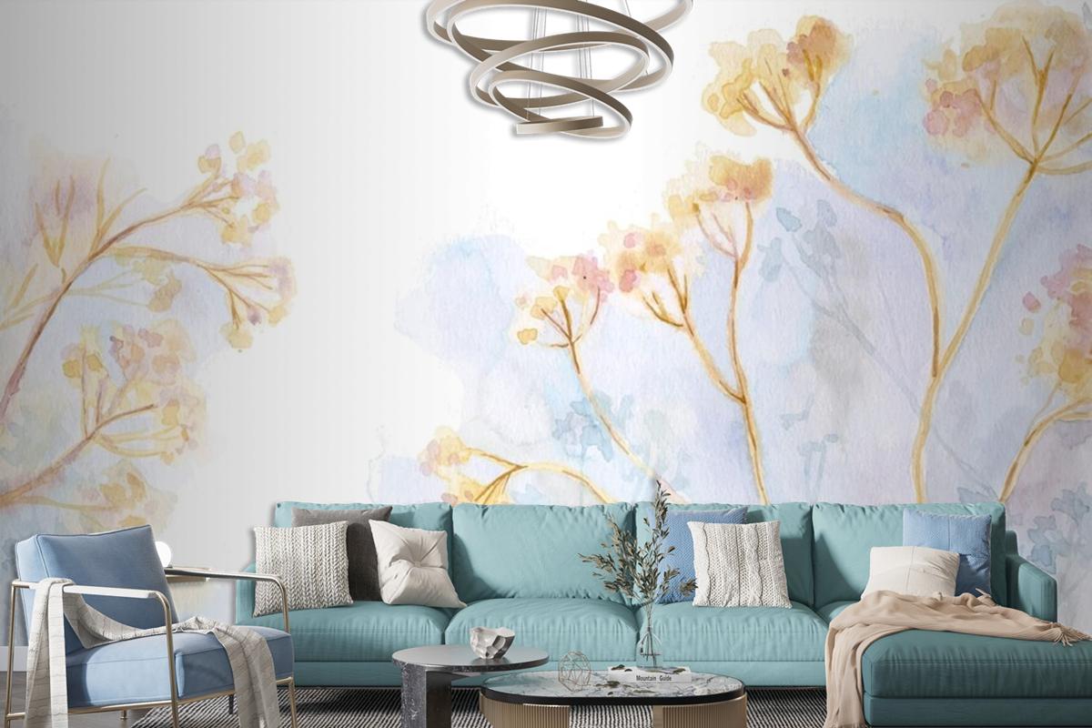 Hand Painted Watercolor Nature Living Room Wallpaper Mural