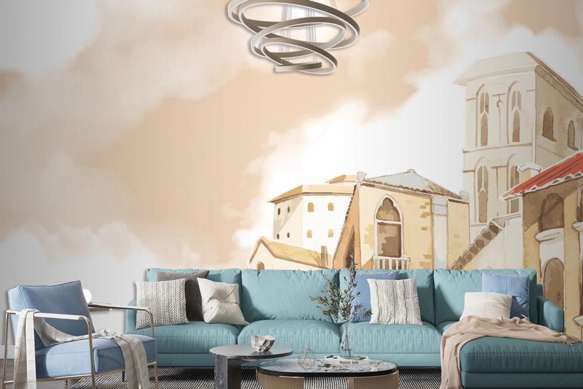 Mediterranean City Building Exterior Water Color Style Living Room Wallpaper Mural