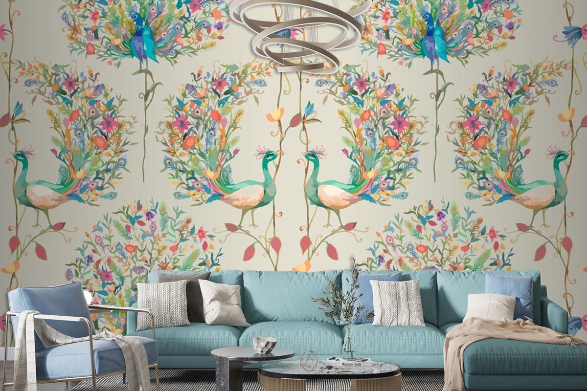 Pattern Background With Watercolor Peacock And Flower Living Room Wallpaper Mural