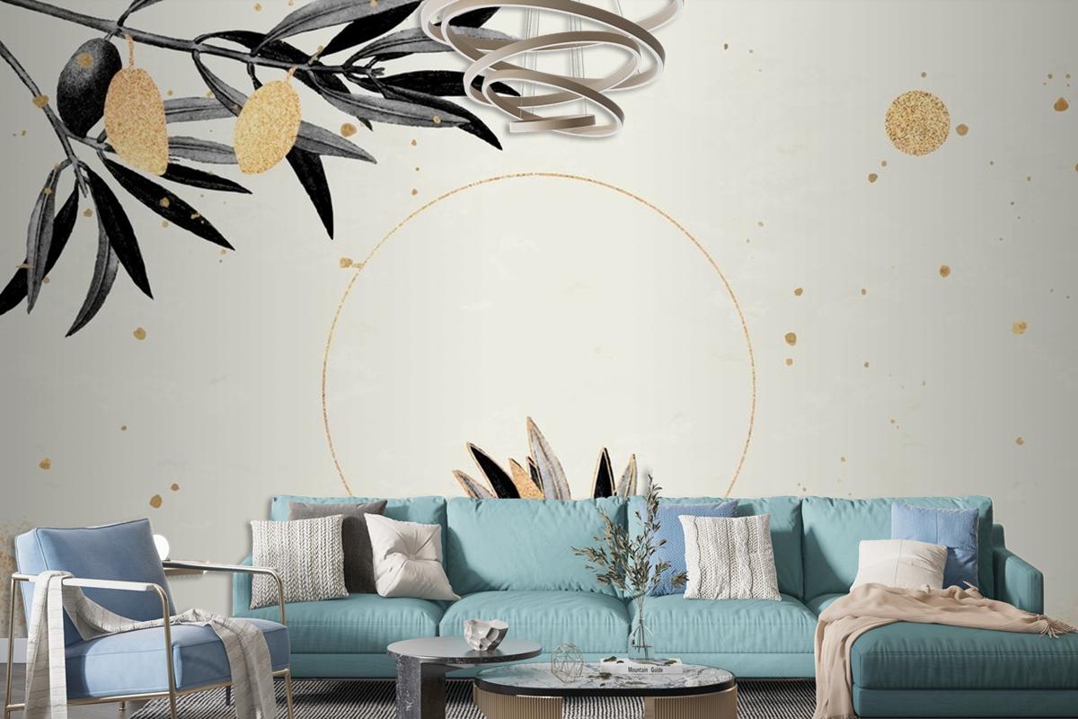 Round Gold Frame With Olive Branches Living Room Wallpaper Mural