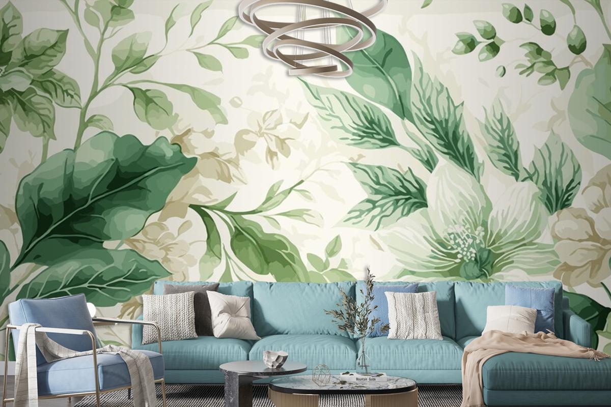 Seamless Watercolor Green And Beige Floral Pattern Living Room Wallpaper Mural