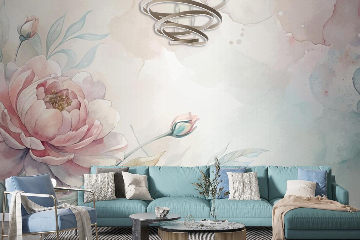 Soft Pastel Floral Watercolor Living Room Wallpaper Mural