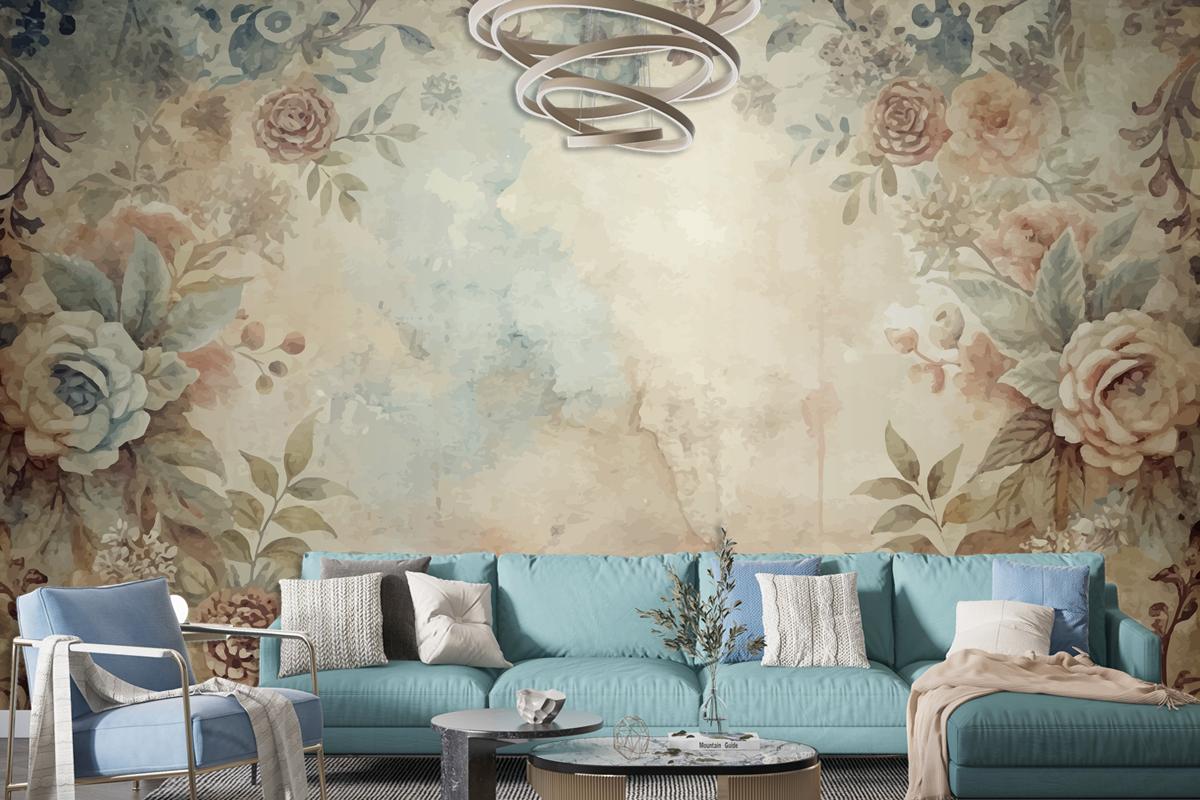 Watercolor Frame Background Of Flowers Living Room Wallpaper Mural