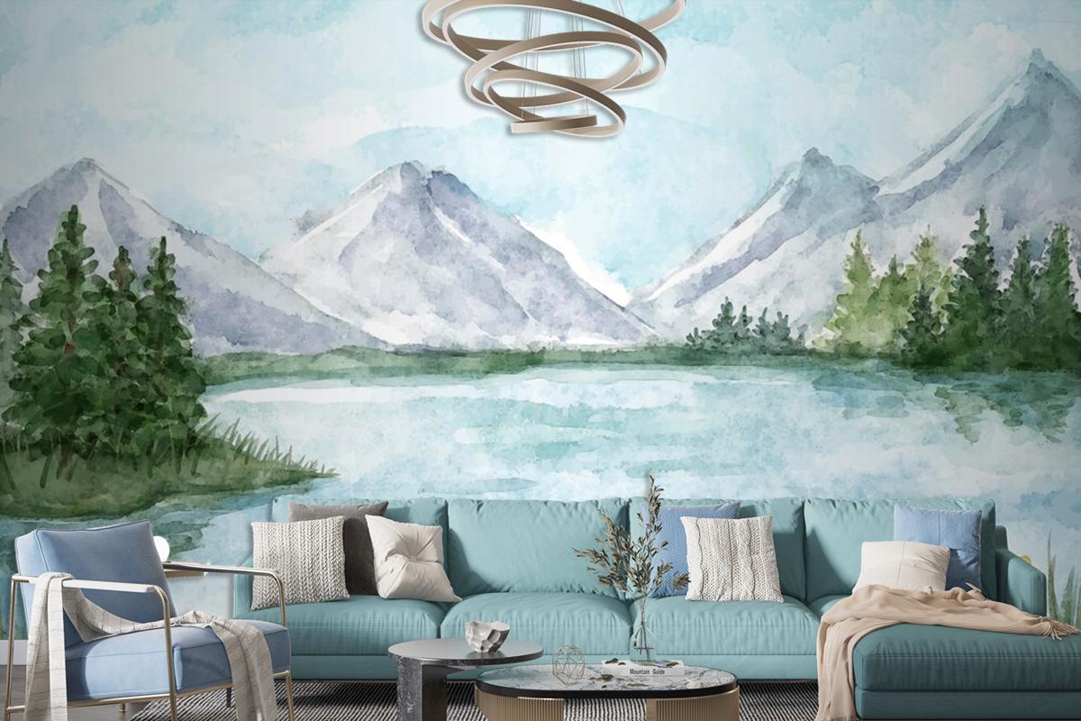 Watercolor Lake Scenery Living Room Wallpaper Mural