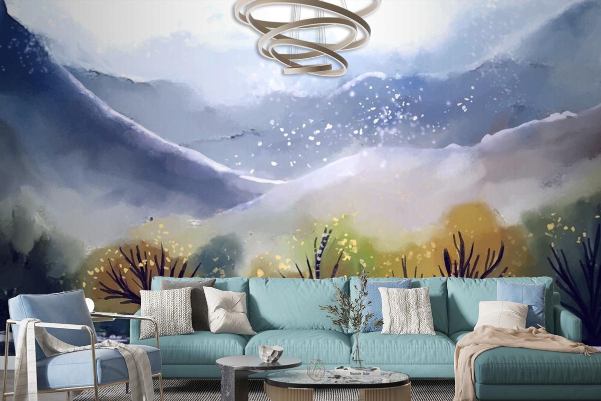 Watercolor Mountain Landscape Living Room Wallpaper Mural