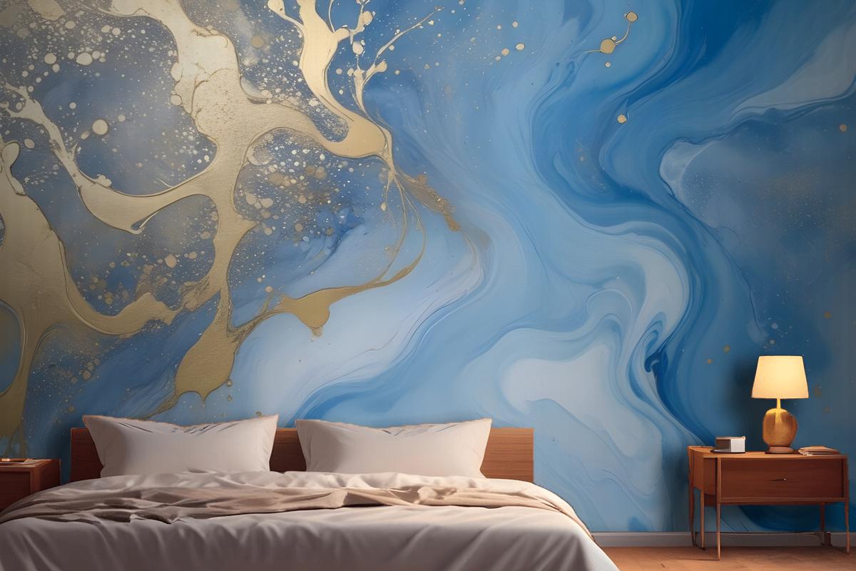 Abstract Blue And Gold Fluid Art Painting Bedroom Wallpaper Mural