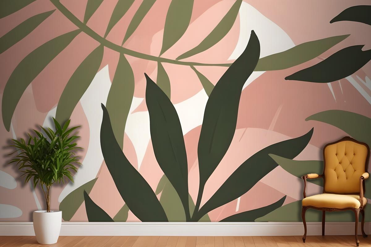 Abstract Tropical Leaves In Shades Of Green And Pink On A Light Wallpaper Mural