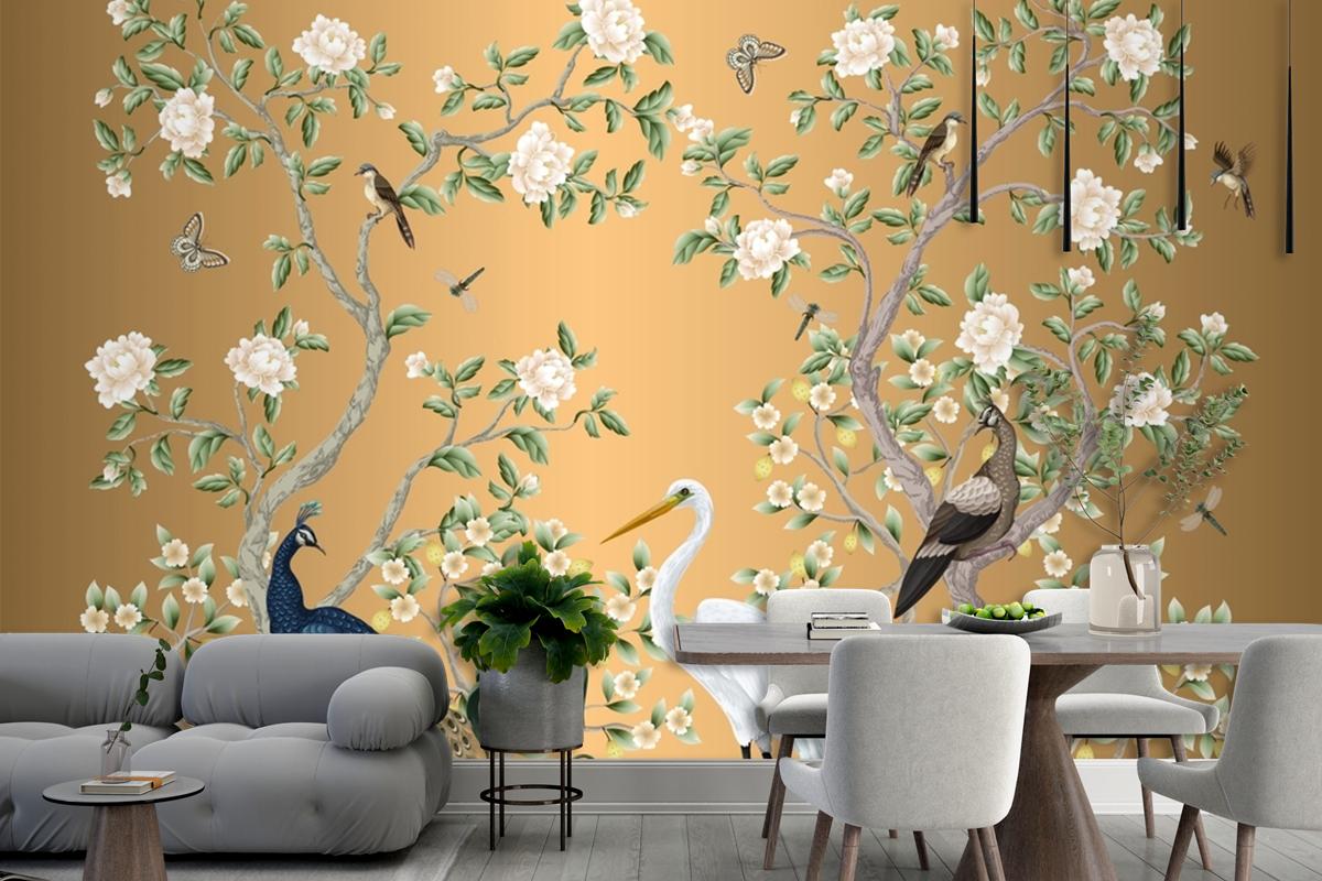 Chinoiserie Mural With Peacocks And Flowers Trees Wallpaper Mural