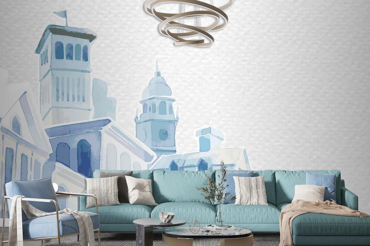 Architectural Mediterranean Buildings In Watercolor On White Paper Textured Living Room Wallpaper Mural