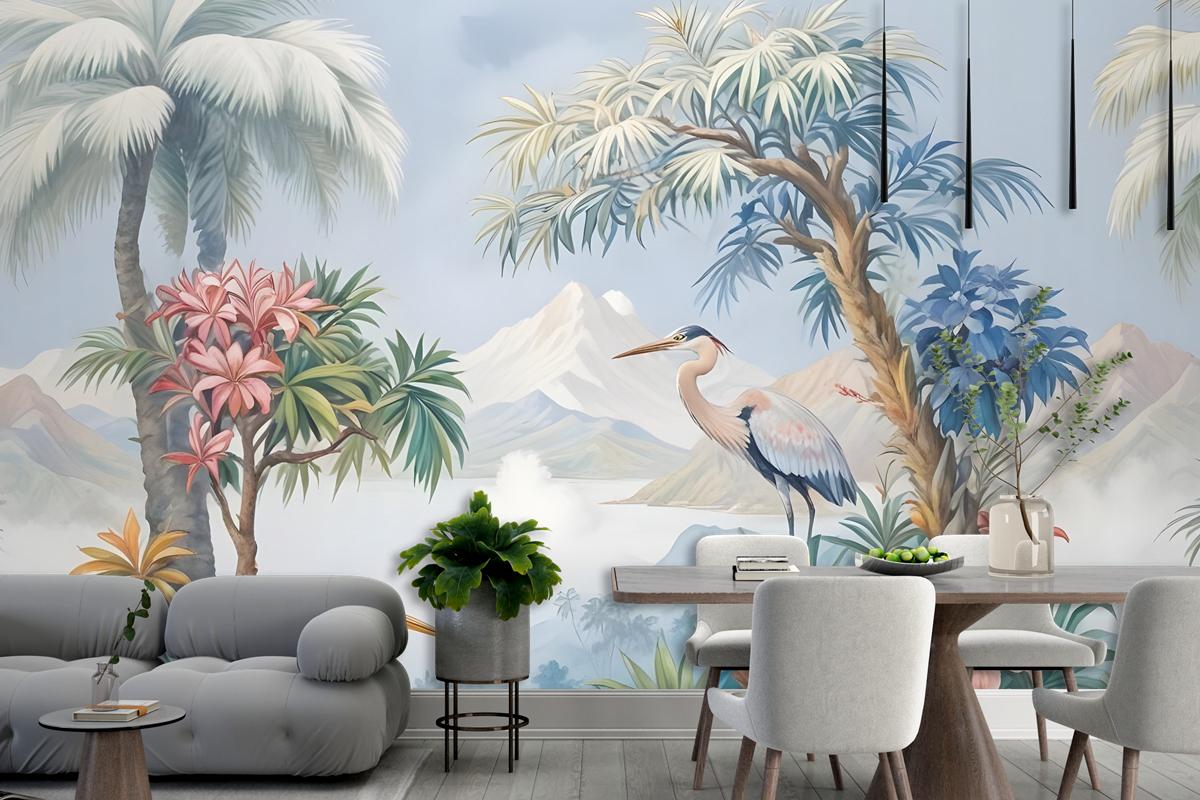 Art Painting Colorful Landscape With Heron Birds Wallpaper Mural