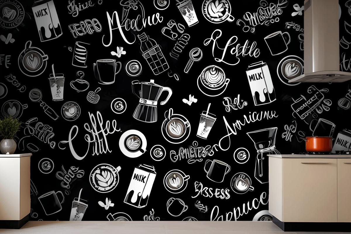 Black & White Coffee Cup Pattern Wallpaper Mural