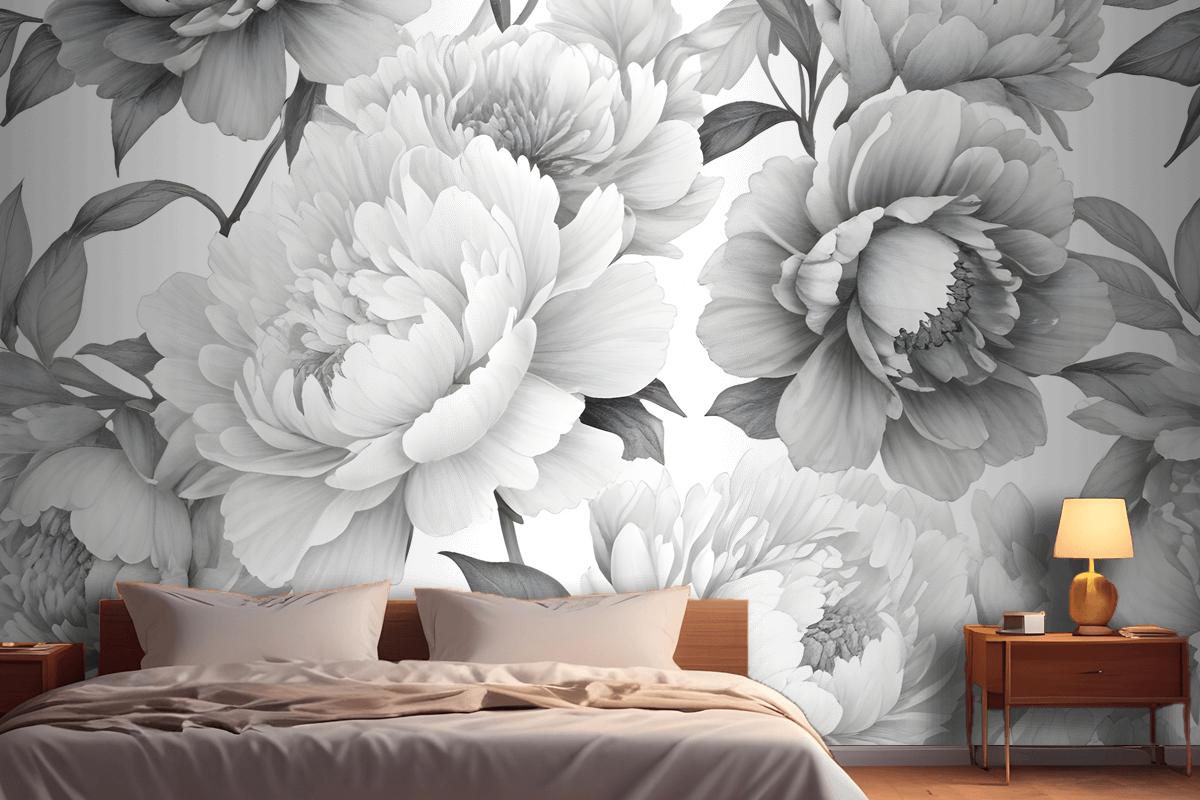 Black And White Floral Pattern With Large Lush Wallpaper Mural