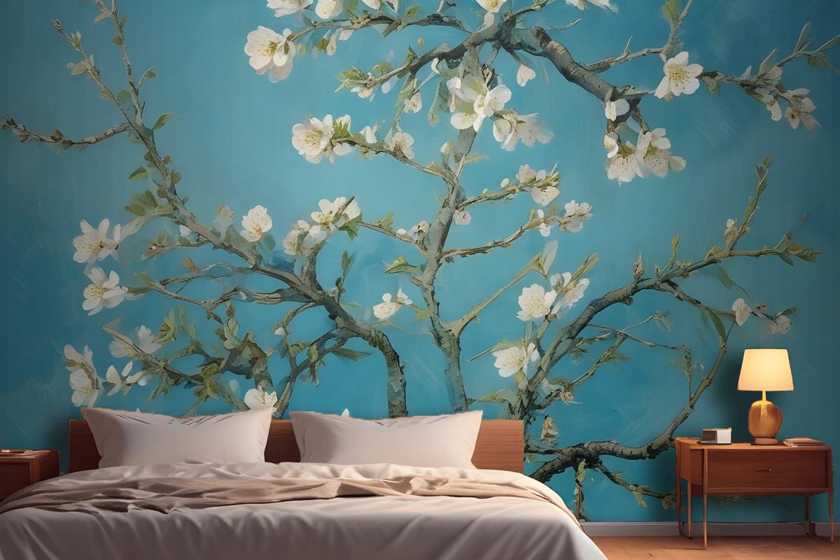 Blooming Almond Tree Branches Against A Blue Sky Wallpaper Mural