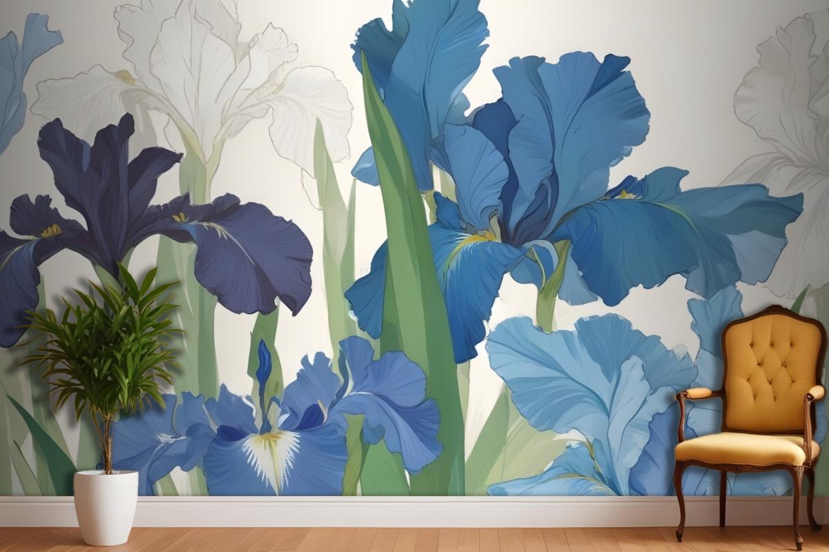 Blue And White Irises With Green Leaves Against A Light Wallpaper Mural