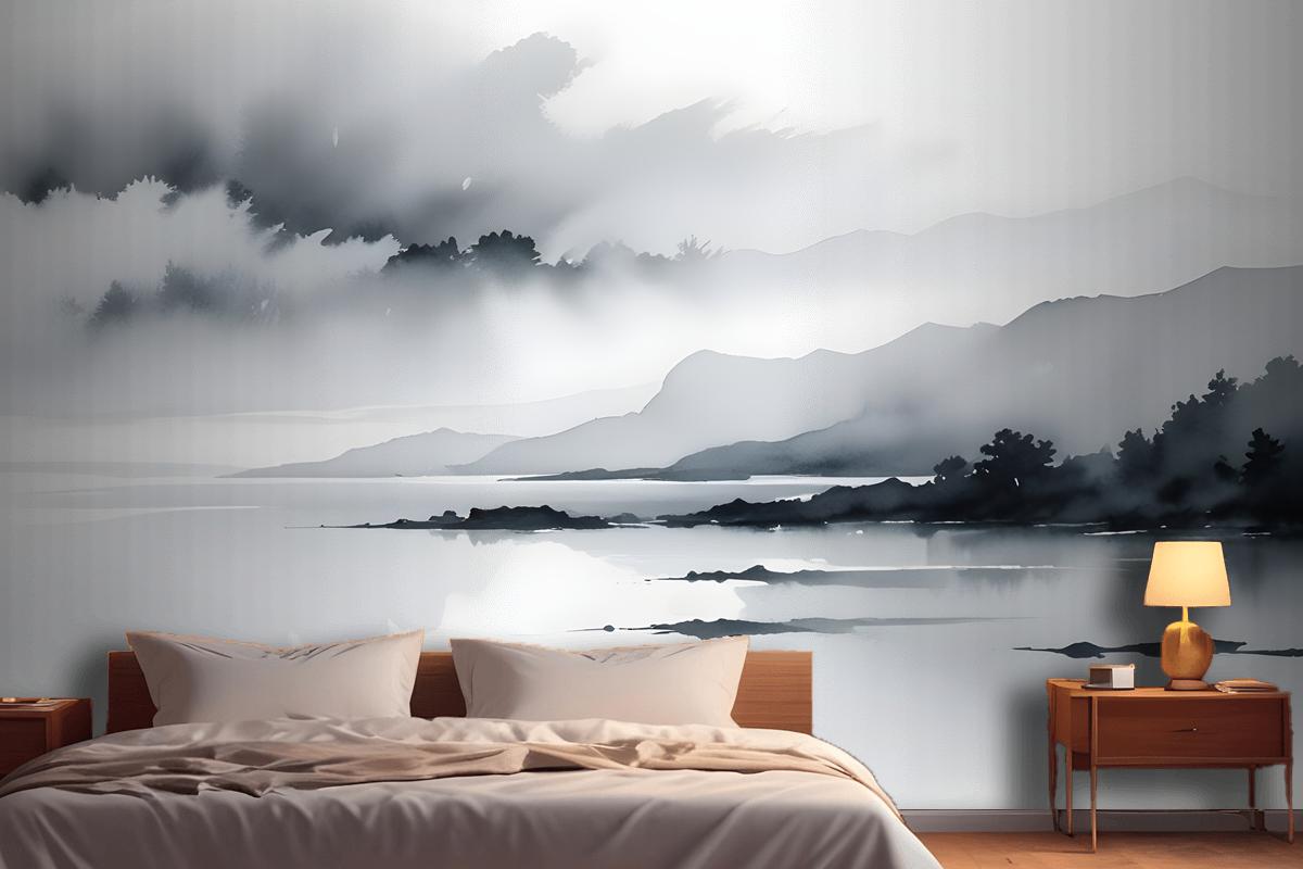 Blue Gray Watercolor Lake Landscape Wallpaper Mural