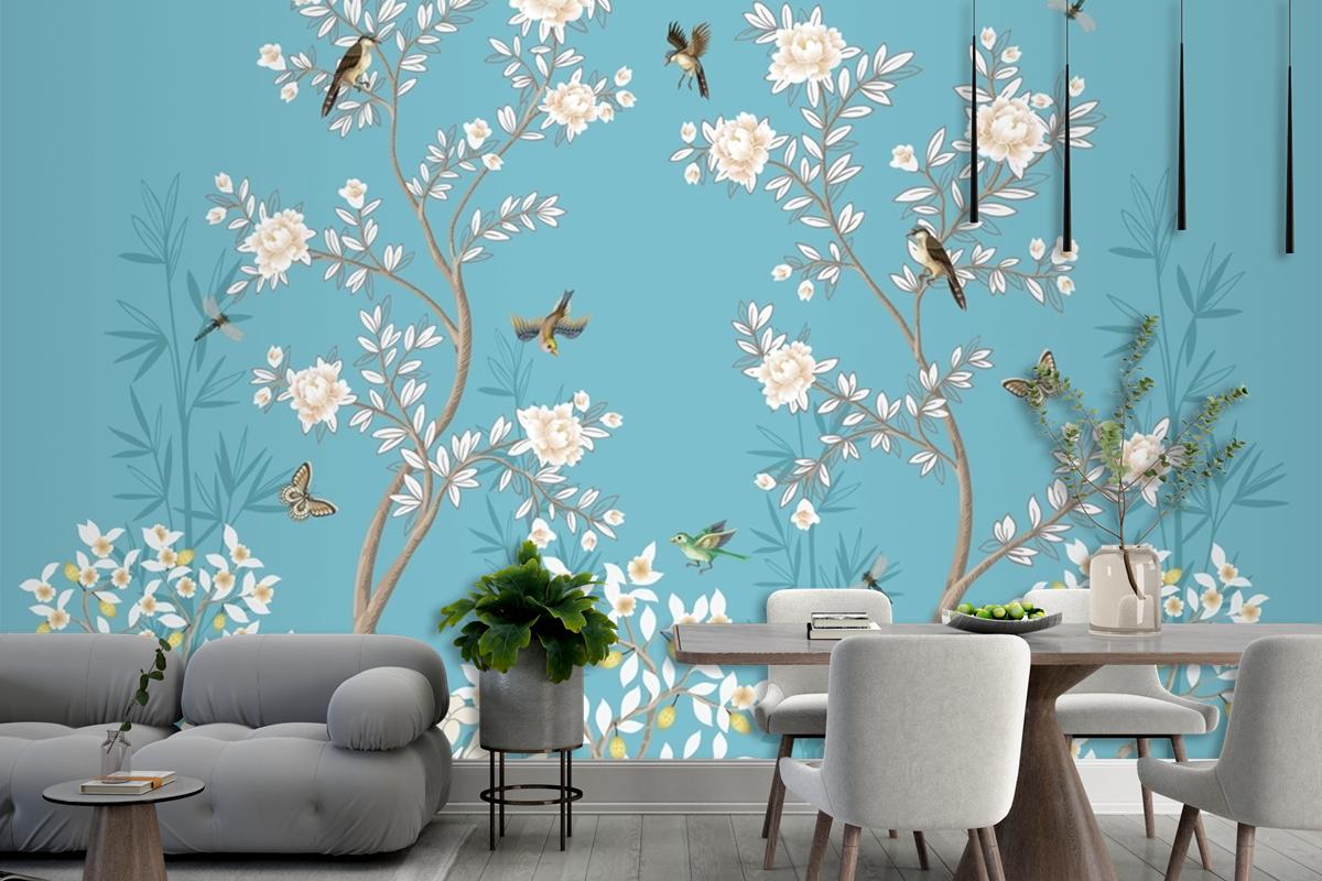 Chinoiserie Mural With Peonies And Birds Wallpaper Mural