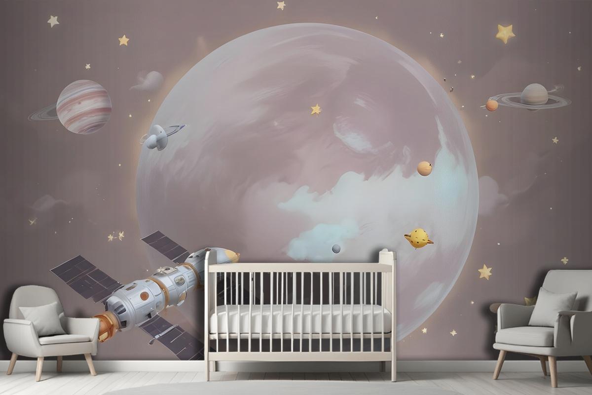 Cartoon Planets And Starry Space Wallpaper Mural