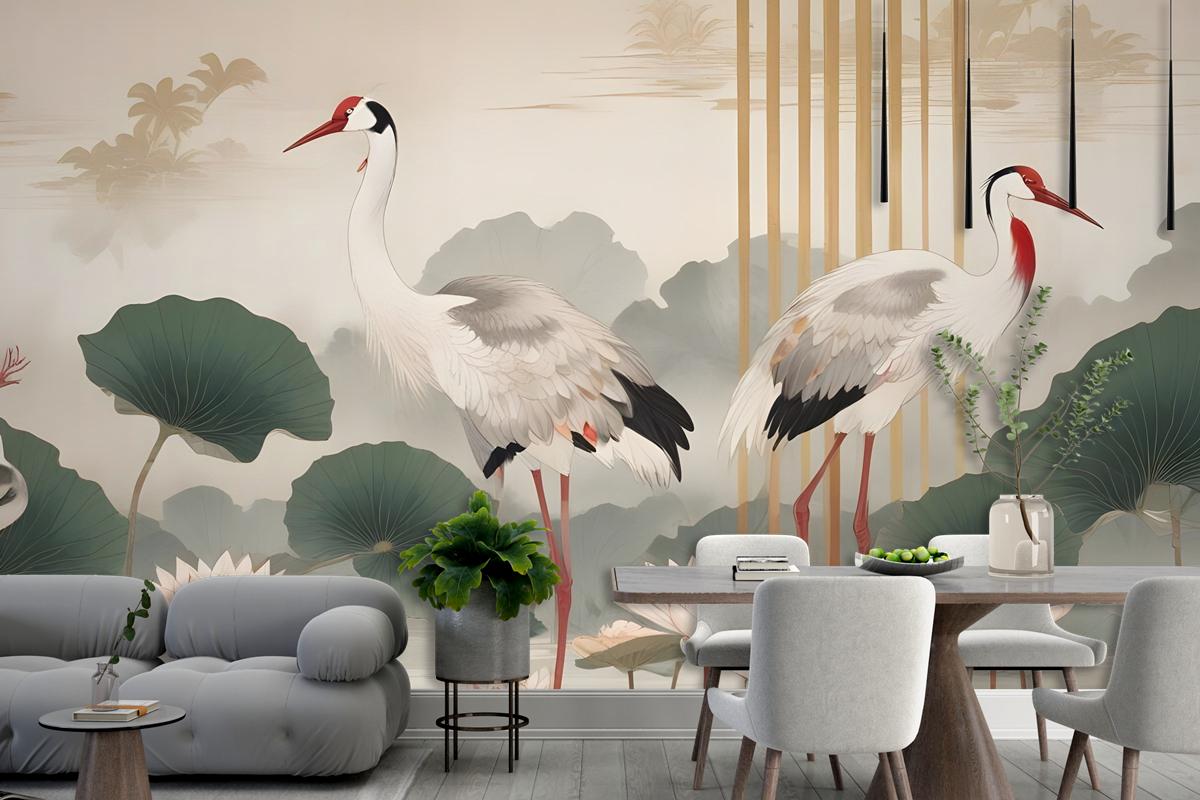 Chinese Crane Birds With Lotus Florals Bedroom Wallpaper Mural