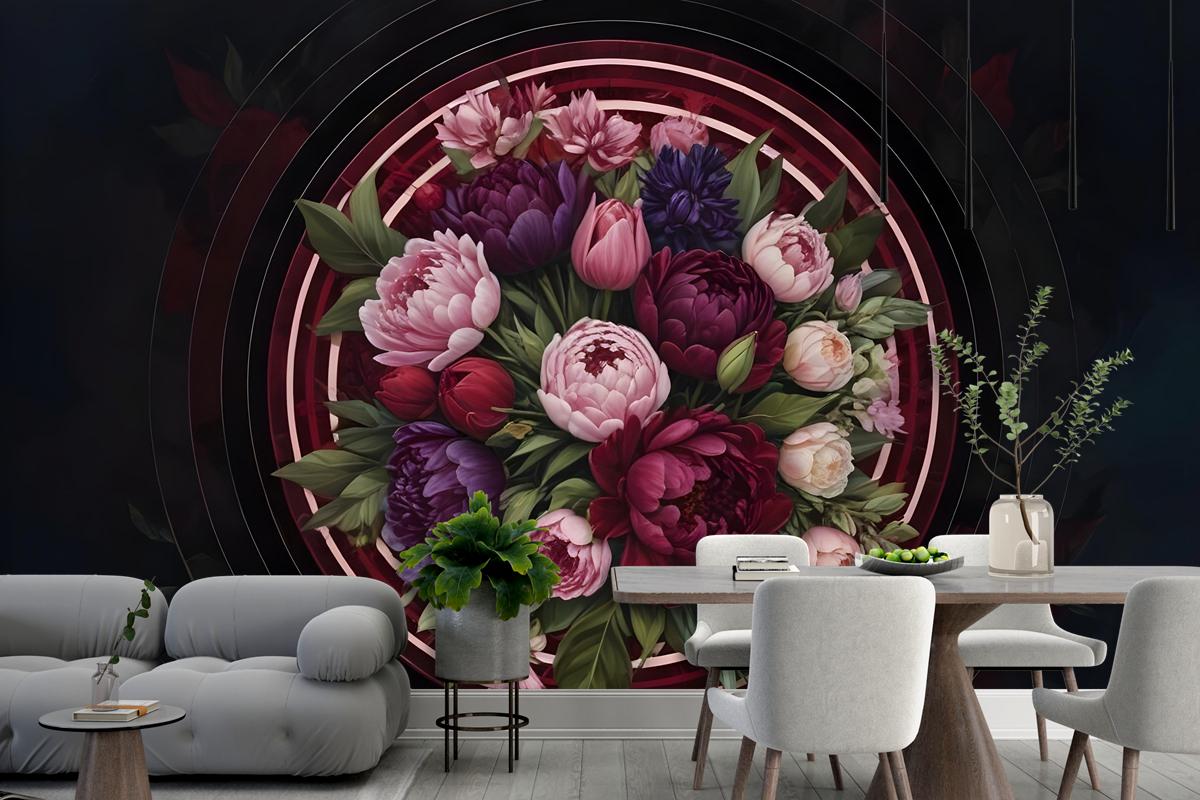 Circle Dark Floral Bedroom Wallpaper Mural