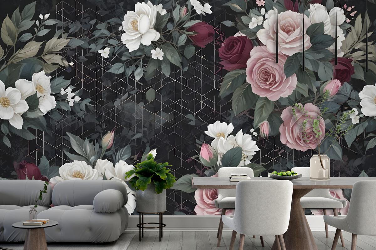 Colorful Floral With Dark Geometric Pattern Bedroom Wallpaper Mural