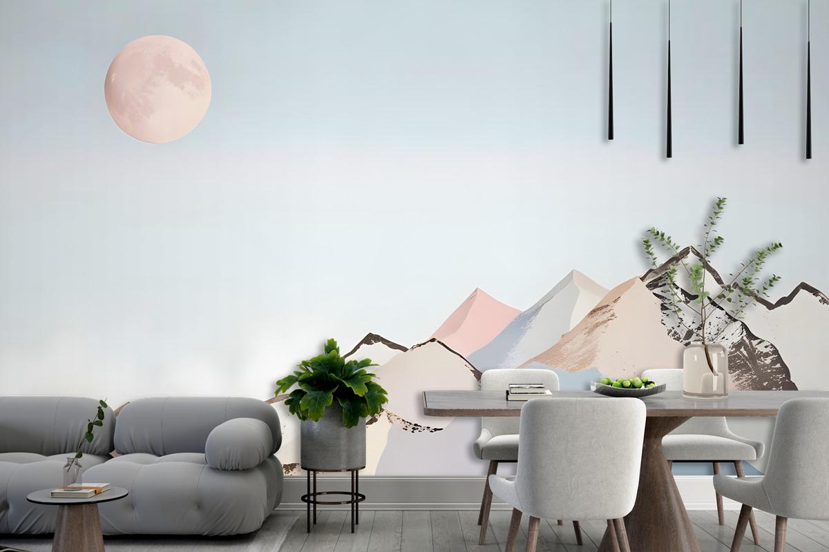 Colorful Mountain With Pink Moon Wallpaper Mural