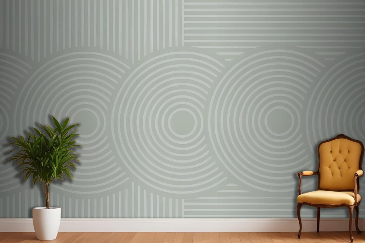 Concentric Circles And Vertical Lines In Green Wallpaper Mural