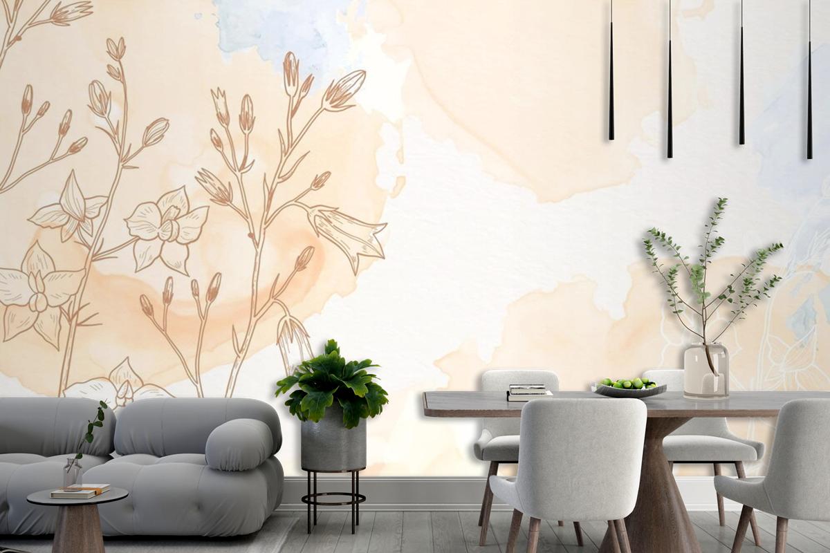 Cream Powder Pastel With Hand Drawn Flowers Background Wallpaper Mural