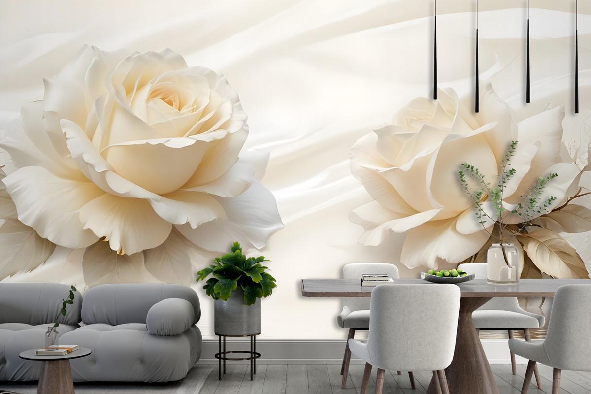 Cream Rose Floral With Water Pattern Bedroom Wallpaper Mural