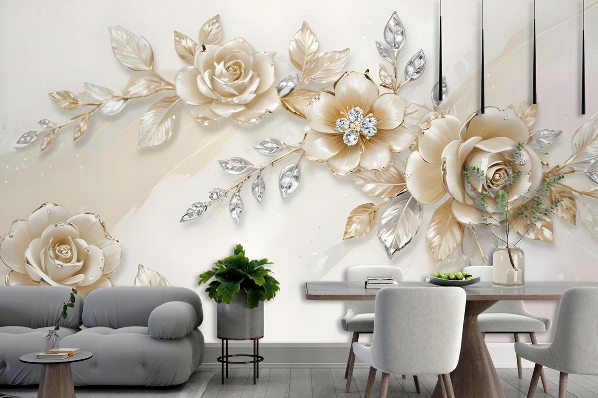 Cream Swarovski Rose Floral Bedroom Wallpaper Mural