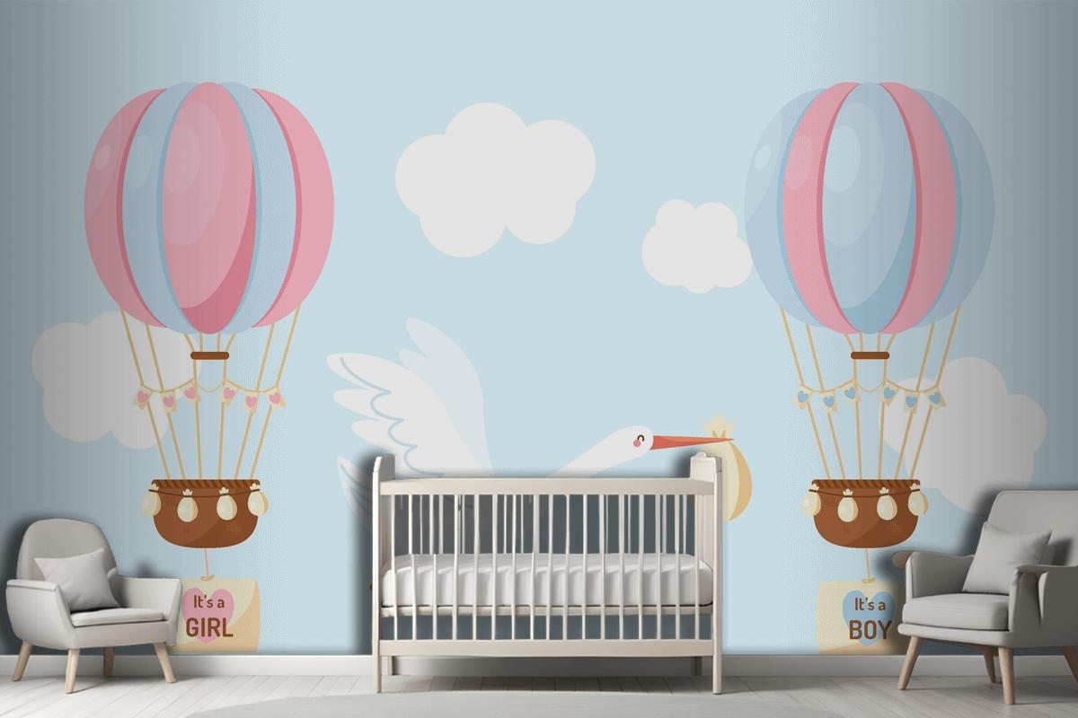 Cute Flat Design Blue Pink Balloon Wallpaper Mural