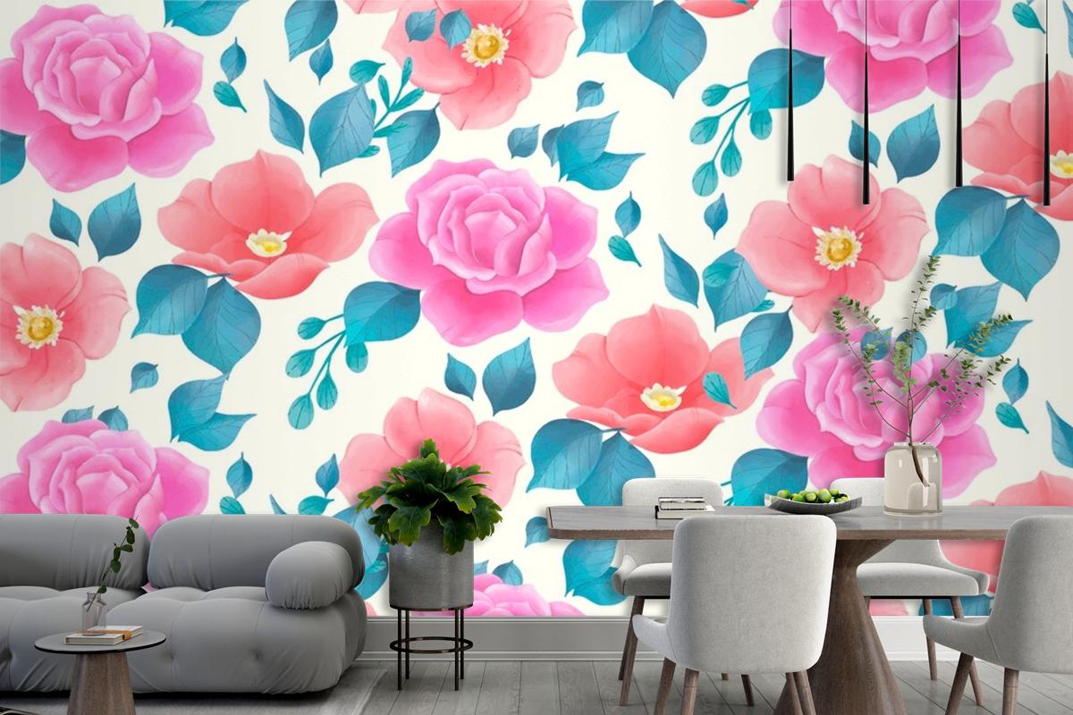 Cute Watercolor Floral Pattern With Rose Flowers Wallpaper Mural